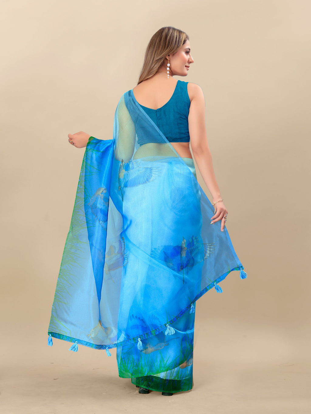 Vedant Vastram Digital Print Organza Party Wear Saree With Unstitched Blouse Piece - Blue | Grocsy