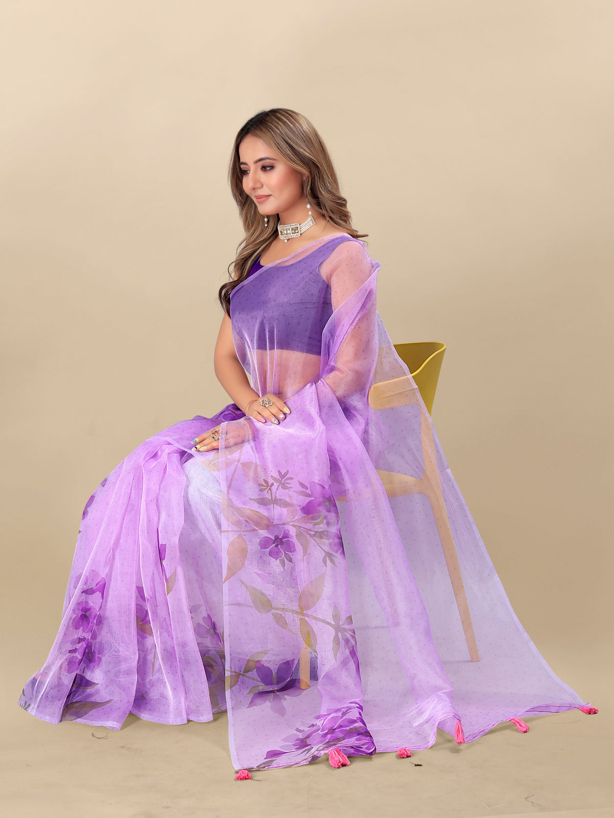Vedant Vastram Digital Print Organza Party Wear Saree With Unstitched Blouse Piece - Lavender | Grocsy