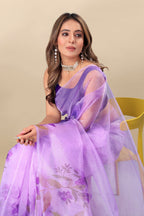 Vedant Vastram Digital Print Organza Party Wear Saree With Unstitched Blouse Piece - Lavender | Grocsy