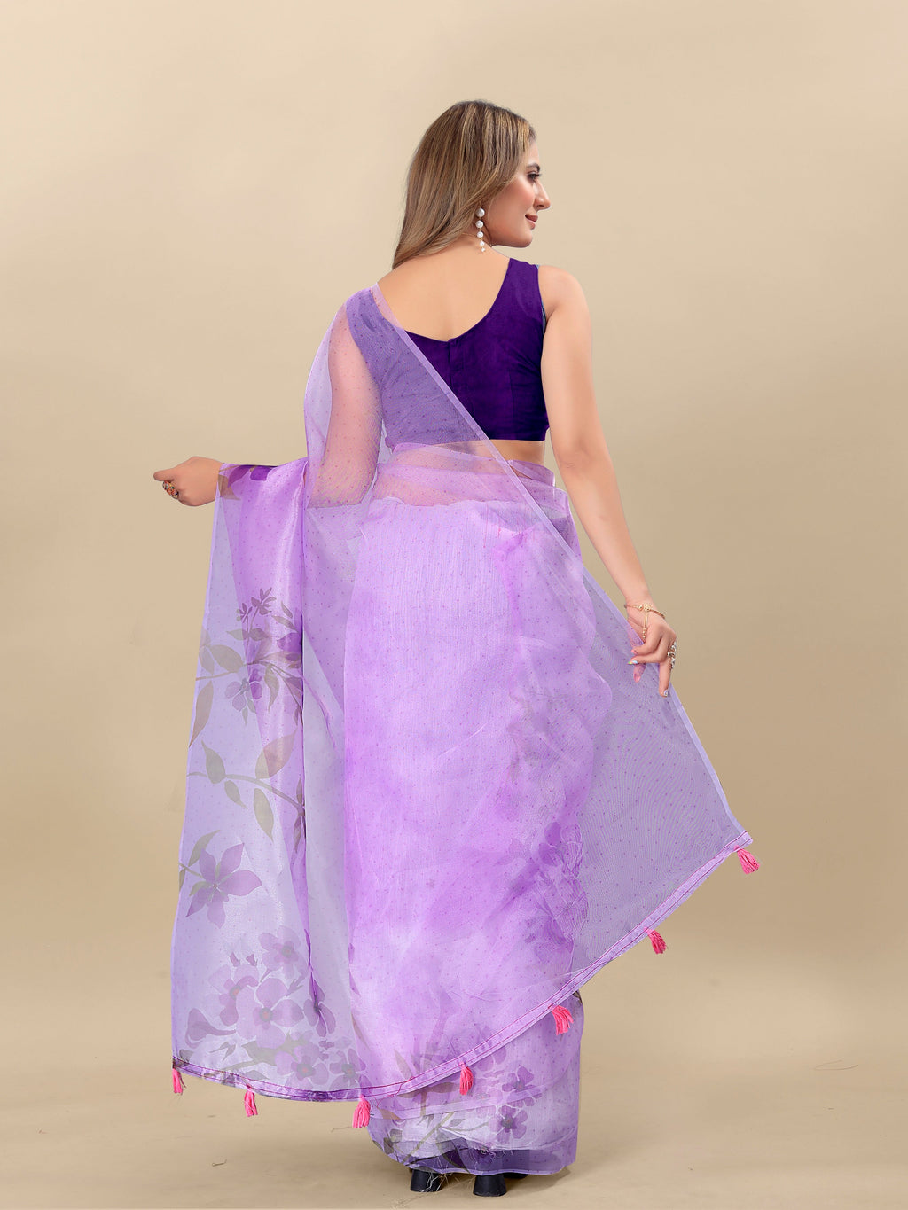 Vedant Vastram Digital Print Organza Party Wear Saree With Unstitched Blouse Piece - Lavender | Grocsy