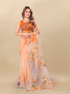 Vedant Vastram Digital Print Organza Party Wear Saree With Unstitched Blouse Piece - Orange | Grocsy