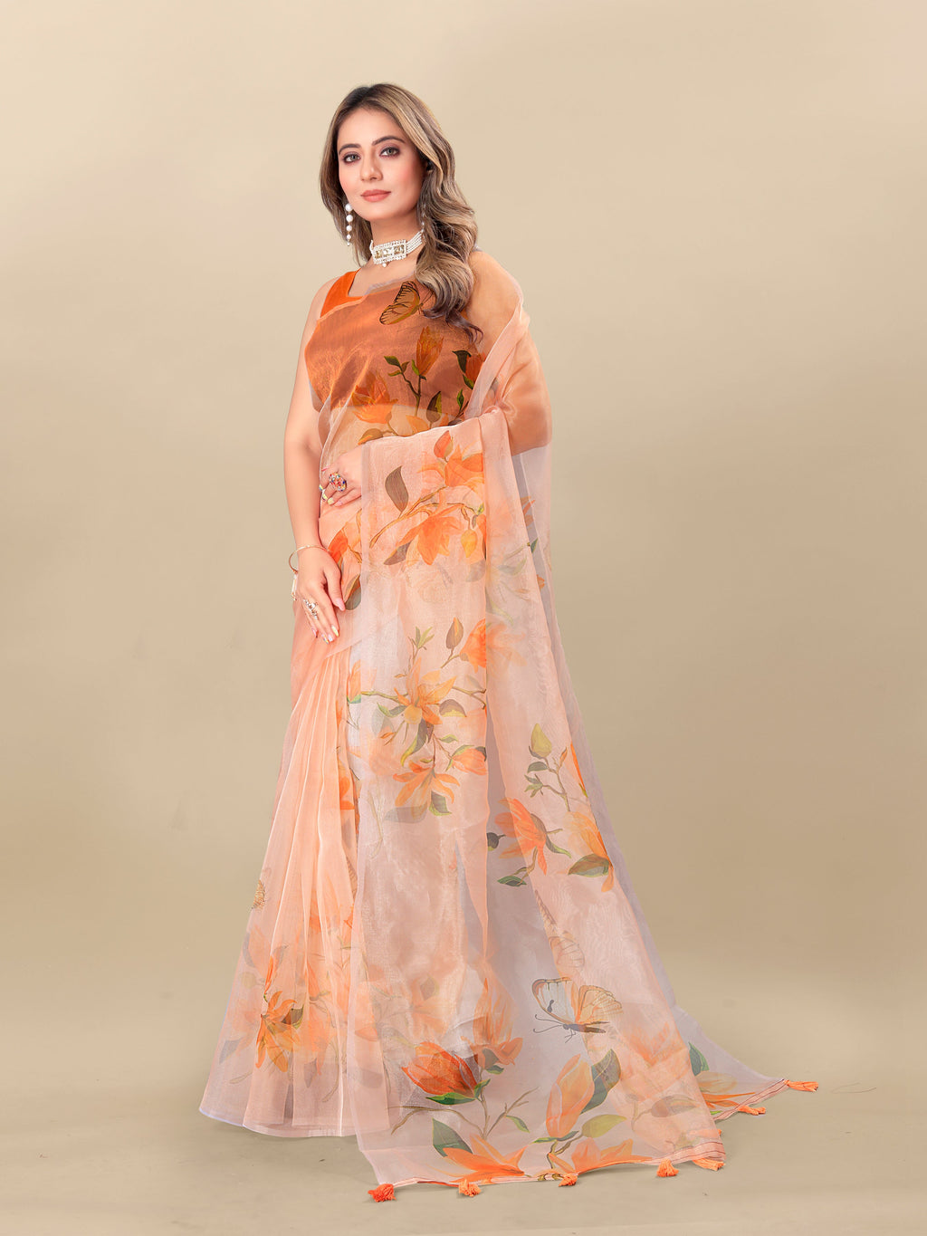 Vedant Vastram Digital Print Organza Party Wear Saree With Unstitched Blouse Piece - Orange | Grocsy