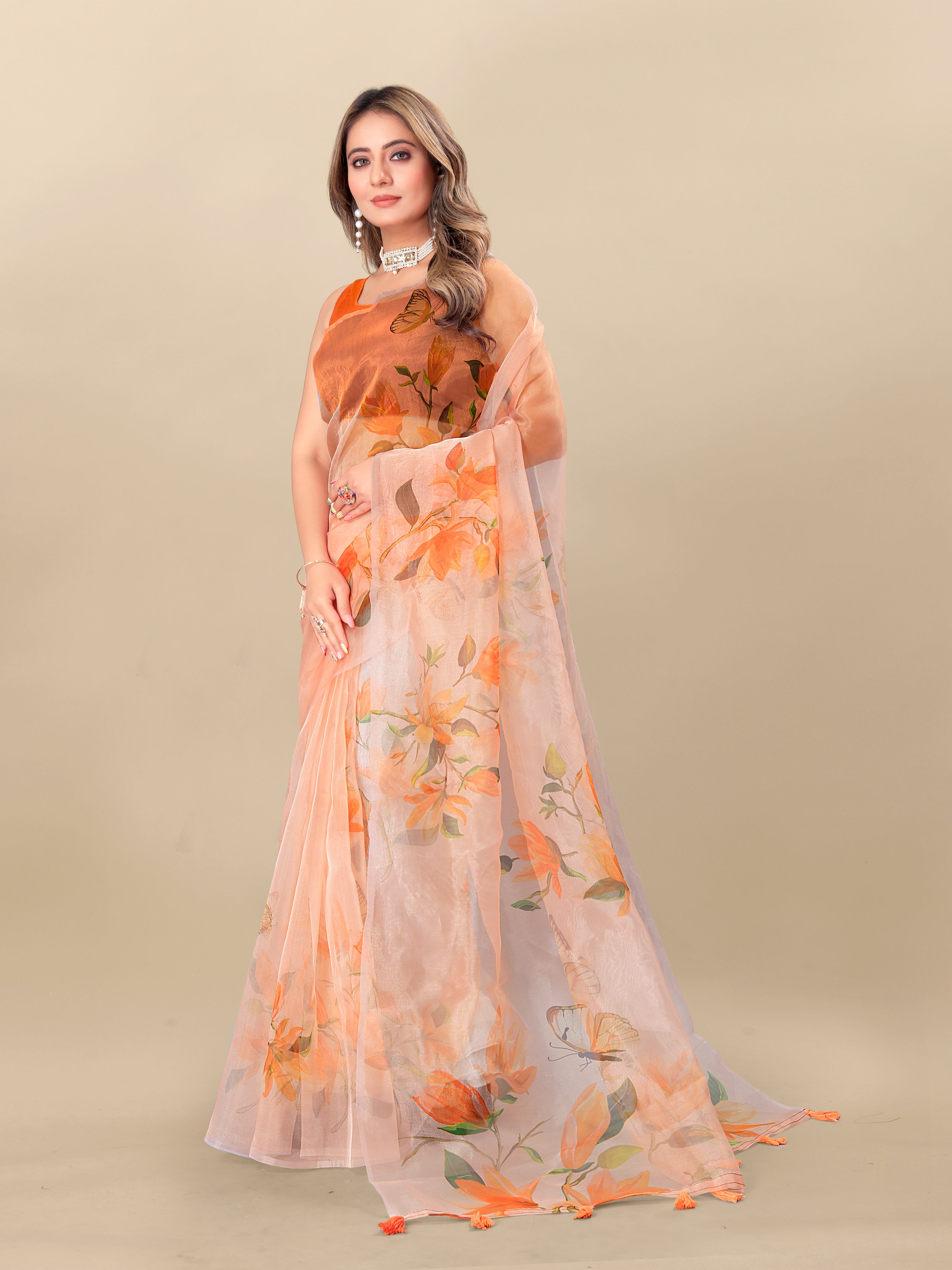 Vedant Vastram Digital Print Organza Party Wear Saree With Unstitched Blouse Piece - Orange | Grocsy