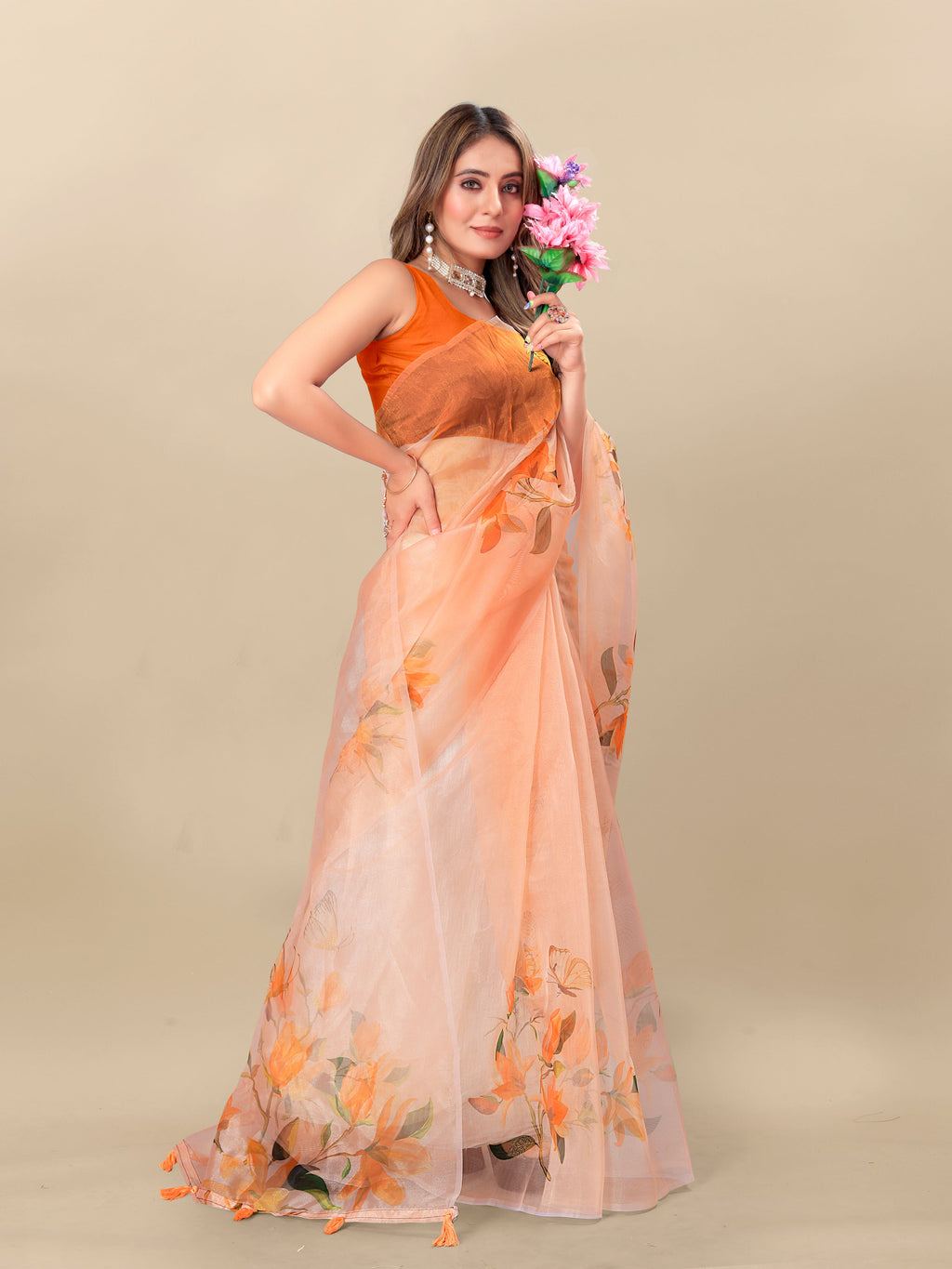 Vedant Vastram Digital Print Organza Party Wear Saree With Unstitched Blouse Piece - Orange | Grocsy