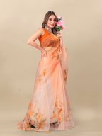 Vedant Vastram Digital Print Organza Party Wear Saree With Unstitched Blouse Piece - Orange | Grocsy