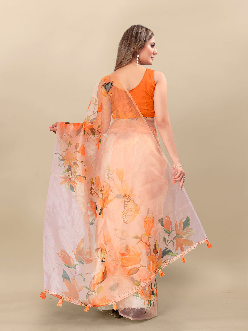 Vedant Vastram Digital Print Organza Party Wear Saree With Unstitched Blouse Piece - Orange | Grocsy