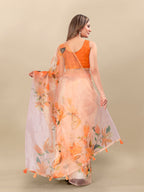 Vedant Vastram Digital Print Organza Party Wear Saree With Unstitched Blouse Piece - Orange | Grocsy