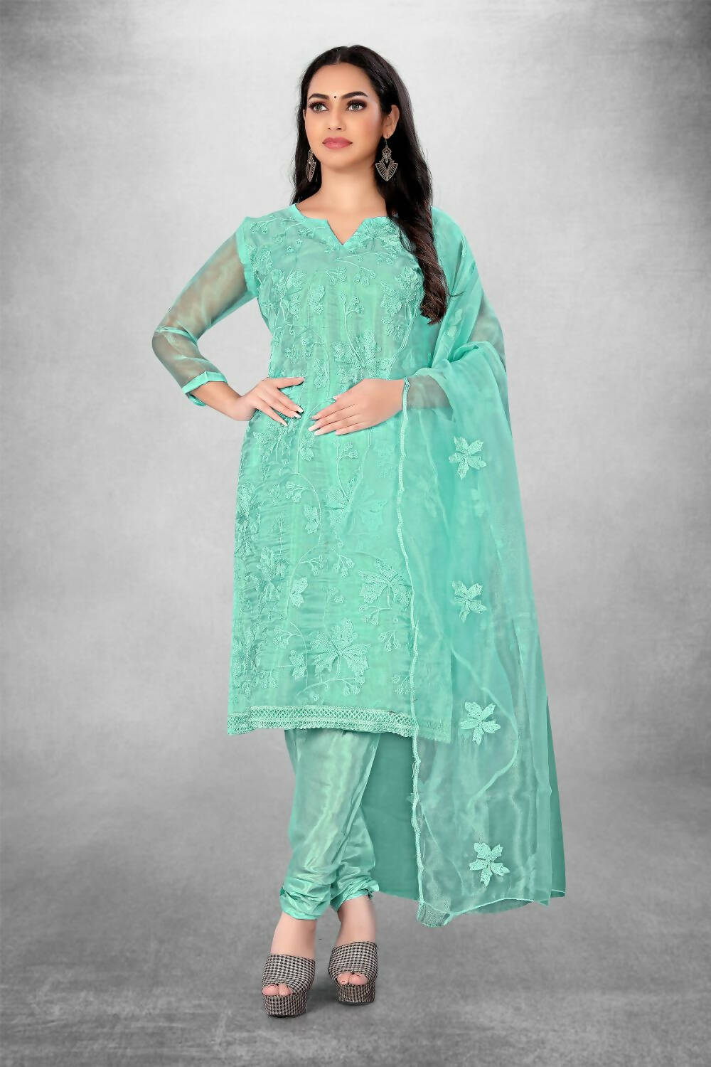Sky Blue Heavy Organza Silk Embroidered Unstitched Dress Material - Amara | Grocsy