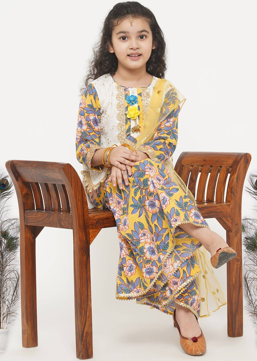 Little Bansi Girls Cotton Embroidery Kurta with Floral Sharara & Dupatta - White & Yellow | Grocsy