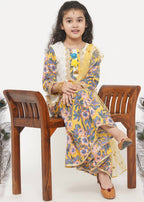 Little Bansi Girls Cotton Embroidery Kurta with Floral Sharara & Dupatta - White & Yellow | Grocsy