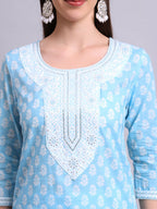 Joban Fashion Sky Blue Cotton Buti Printed & Embroidery Work Kurta With Trousers & Dupatta Set | Grocsy
