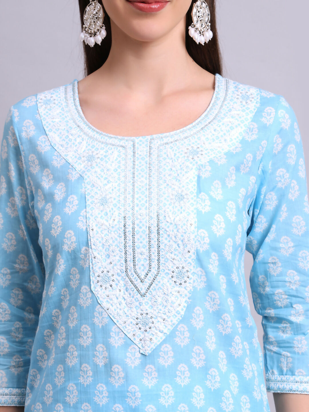 Joban Fashion Sky Blue Cotton Buti Printed & Embroidery Work Kurta With Trousers & Dupatta Set | Grocsy
