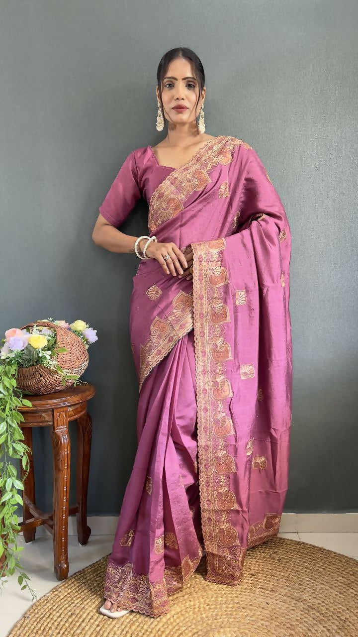 Vastranavya Mauve Vichitra Silk Zari with Swarovski Work Ready to Wear Saree | Grocsy