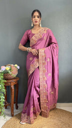 Vastranavya Mauve Vichitra Silk Zari with Swarovski Work Ready to Wear Saree | Grocsy