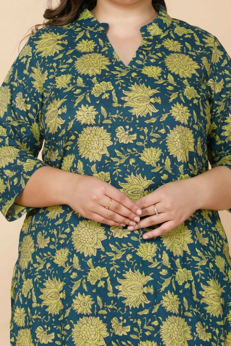 Miravan Women's Plus Size Green Floral Pure Cotton Kurta With Sharara | Grocsy