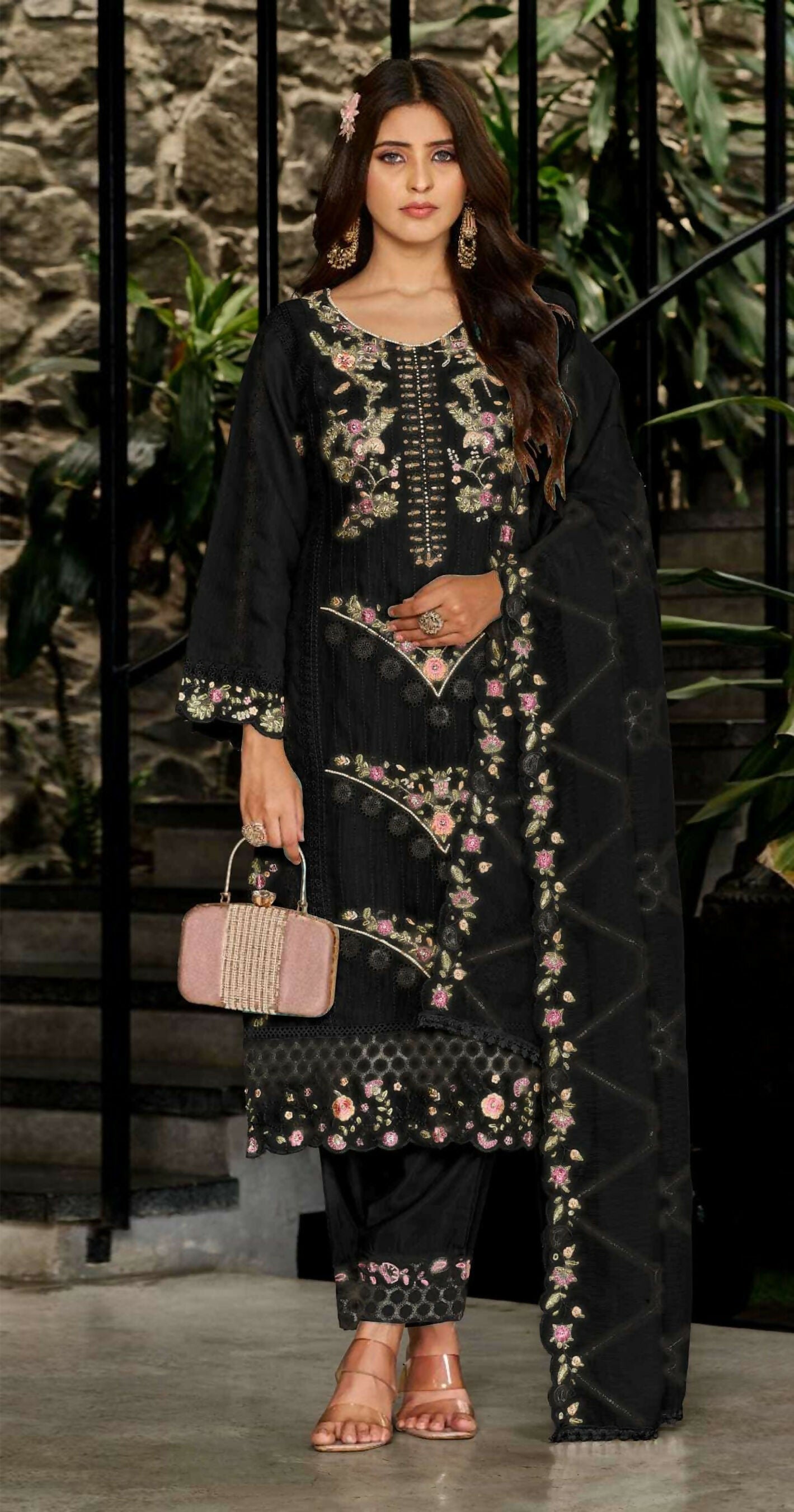Anaita Black Fox Georgette Stitched Suit with Embroidery Sequins & Khatli Work | Grocsy