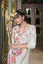 Vastranavya White Spectacular Georgette Printed with Pearl Lace Saree with Unstitched Blouse | Grocsy