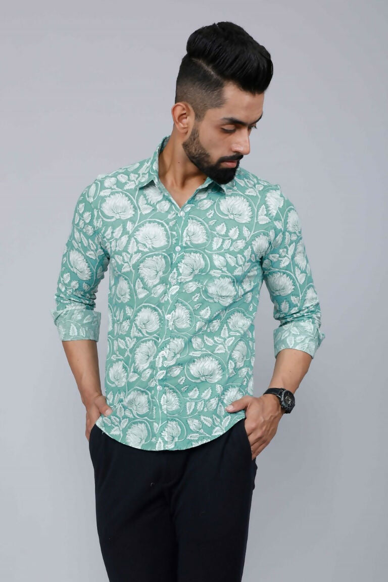 Miravan Men's Cotton Green Floral Printed Slim Fit Shirt | Grocsy