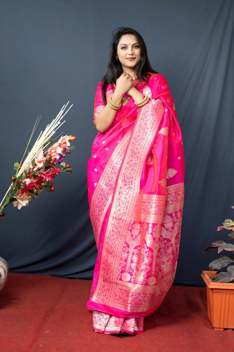 Jyoti Fashion Women's Pink Paithani Silk Zari Woven Saree with Blouse | Grocsy