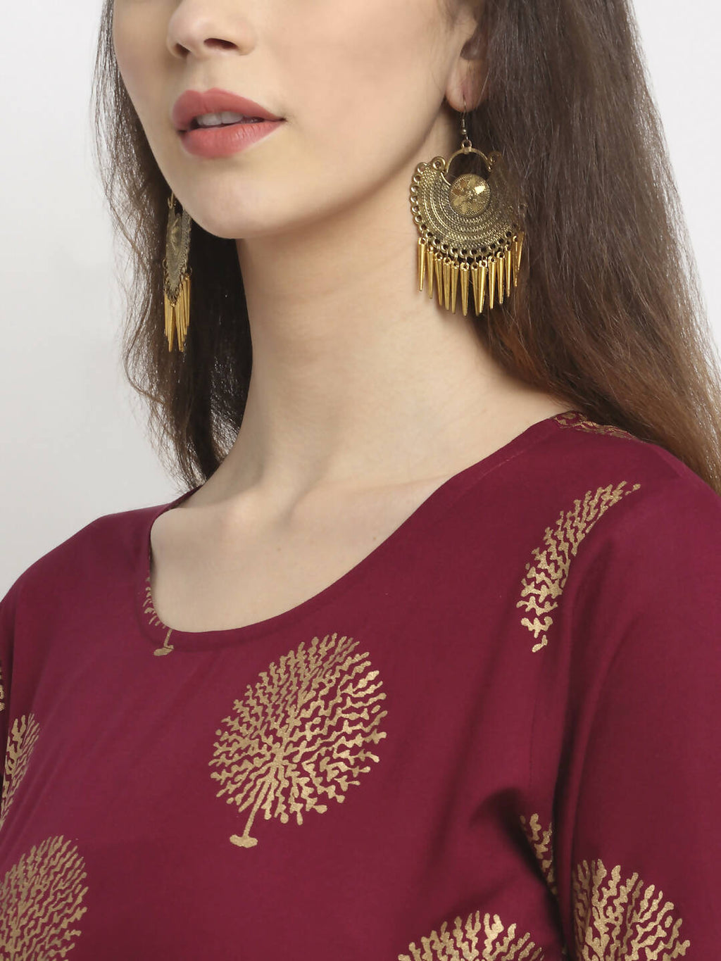 Rudra Bazaar Gold Boota Printed Wine Kurti | Grocsy