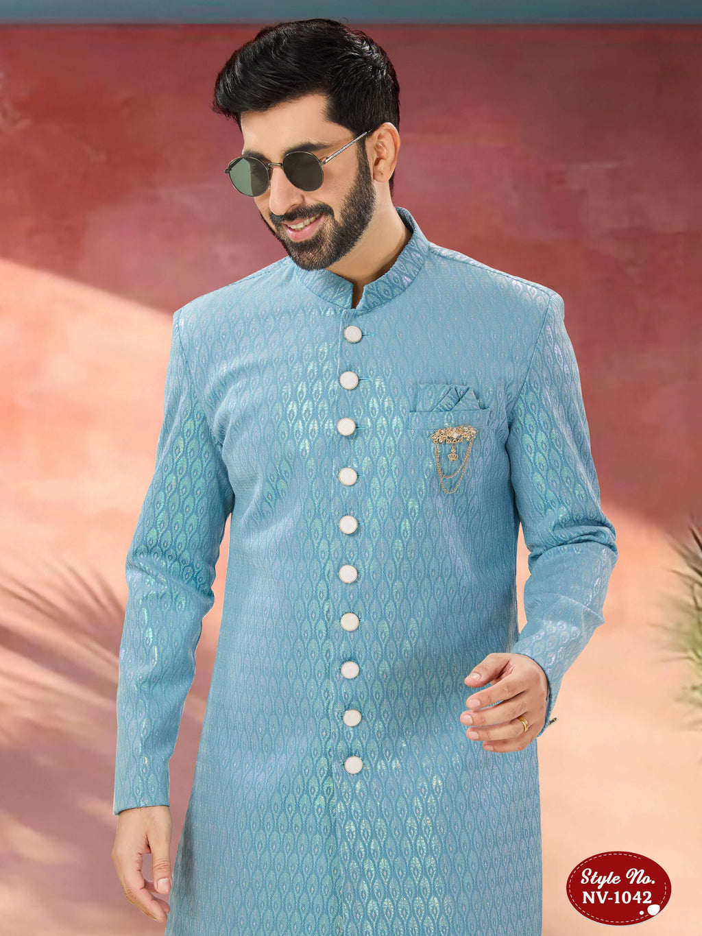 Joban Fashion Men's Blue Straight Imported Armani Thread And Sequence Embroidary All Over Indo-Western Kurta Set | Grocsy