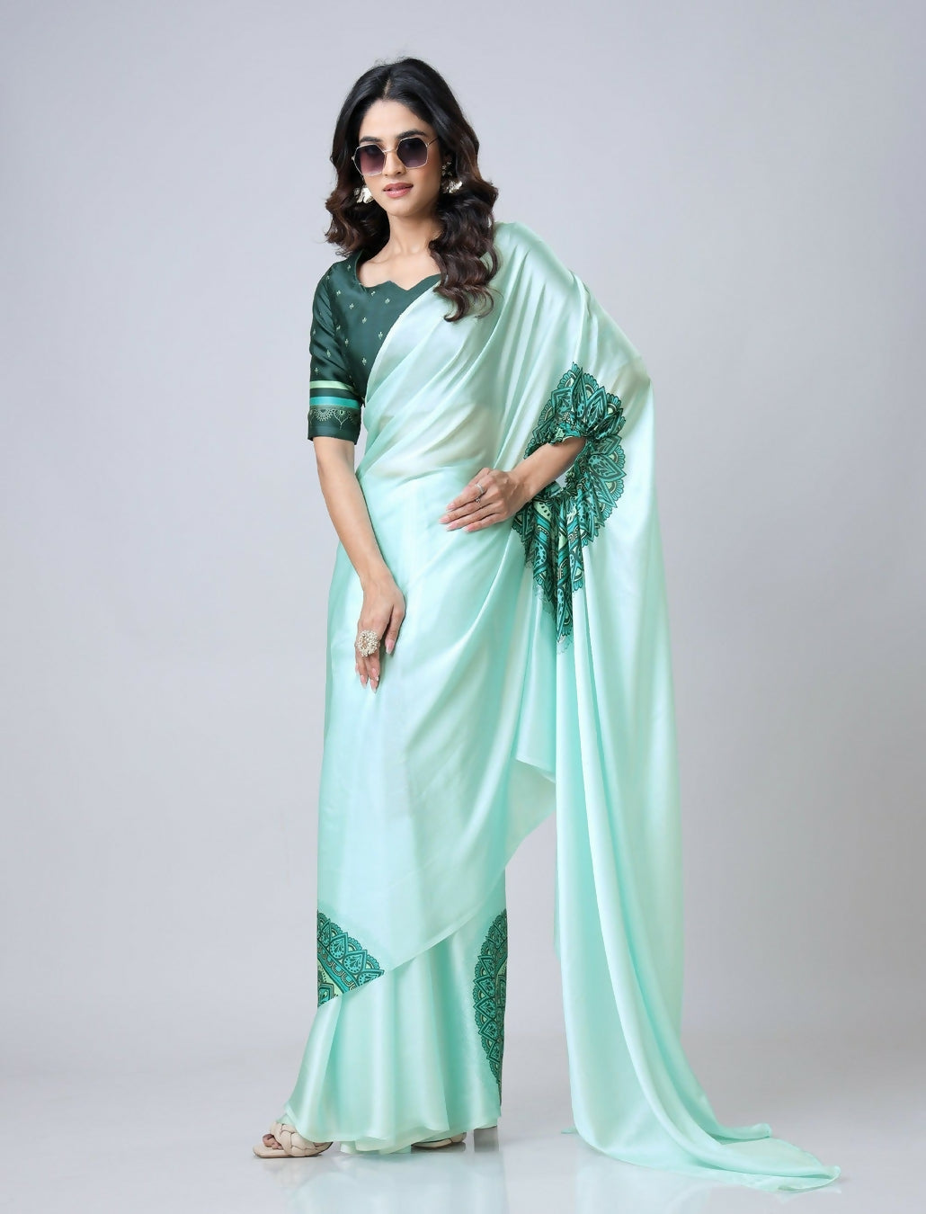 Vastranavya Electric Blue Mandalaa Print Freehand Ready to Wear Saree | Grocsy