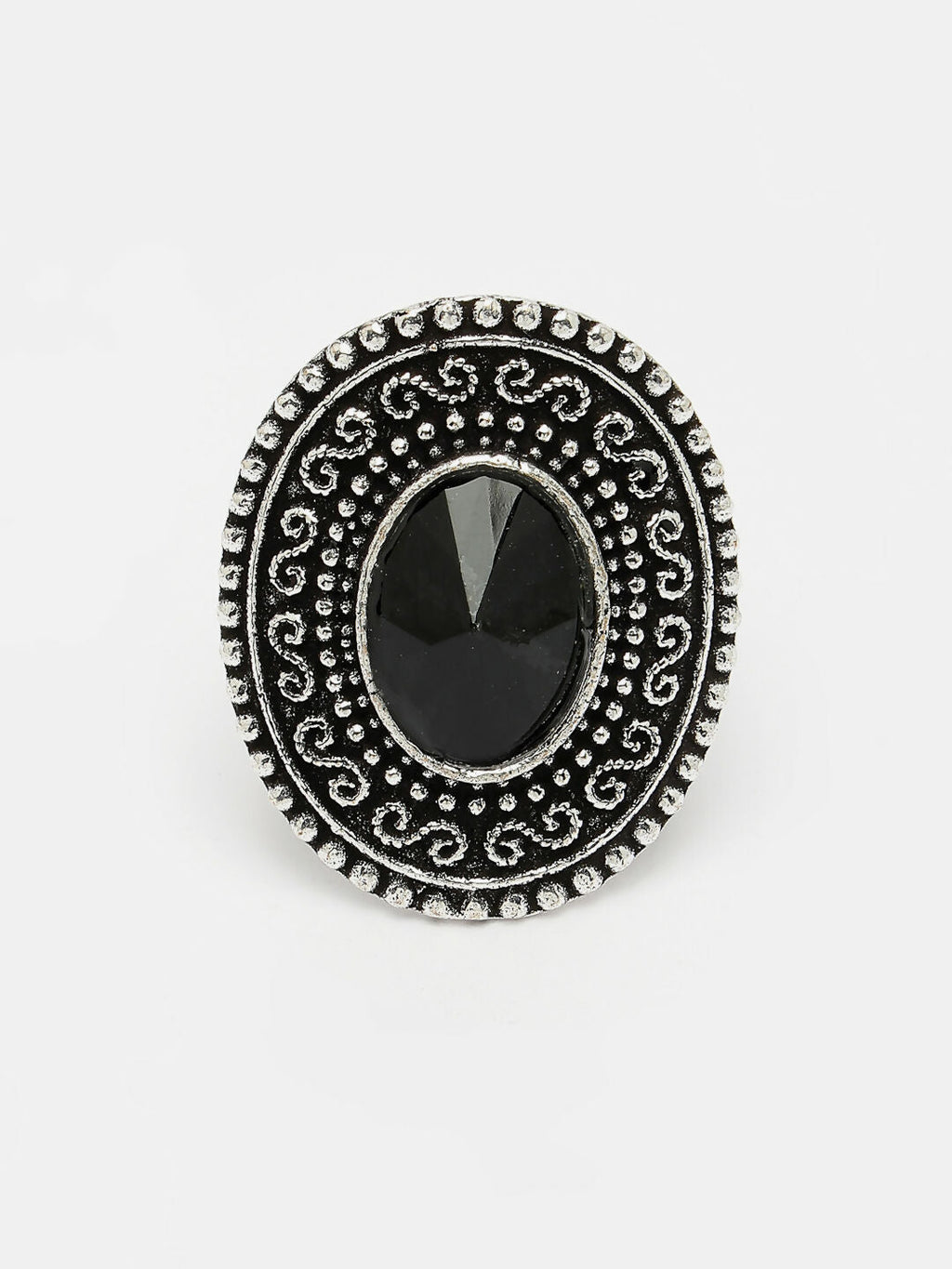NVR Women's Black Silver-Toned German Silver Adjustable Finger Ring | Grocsy