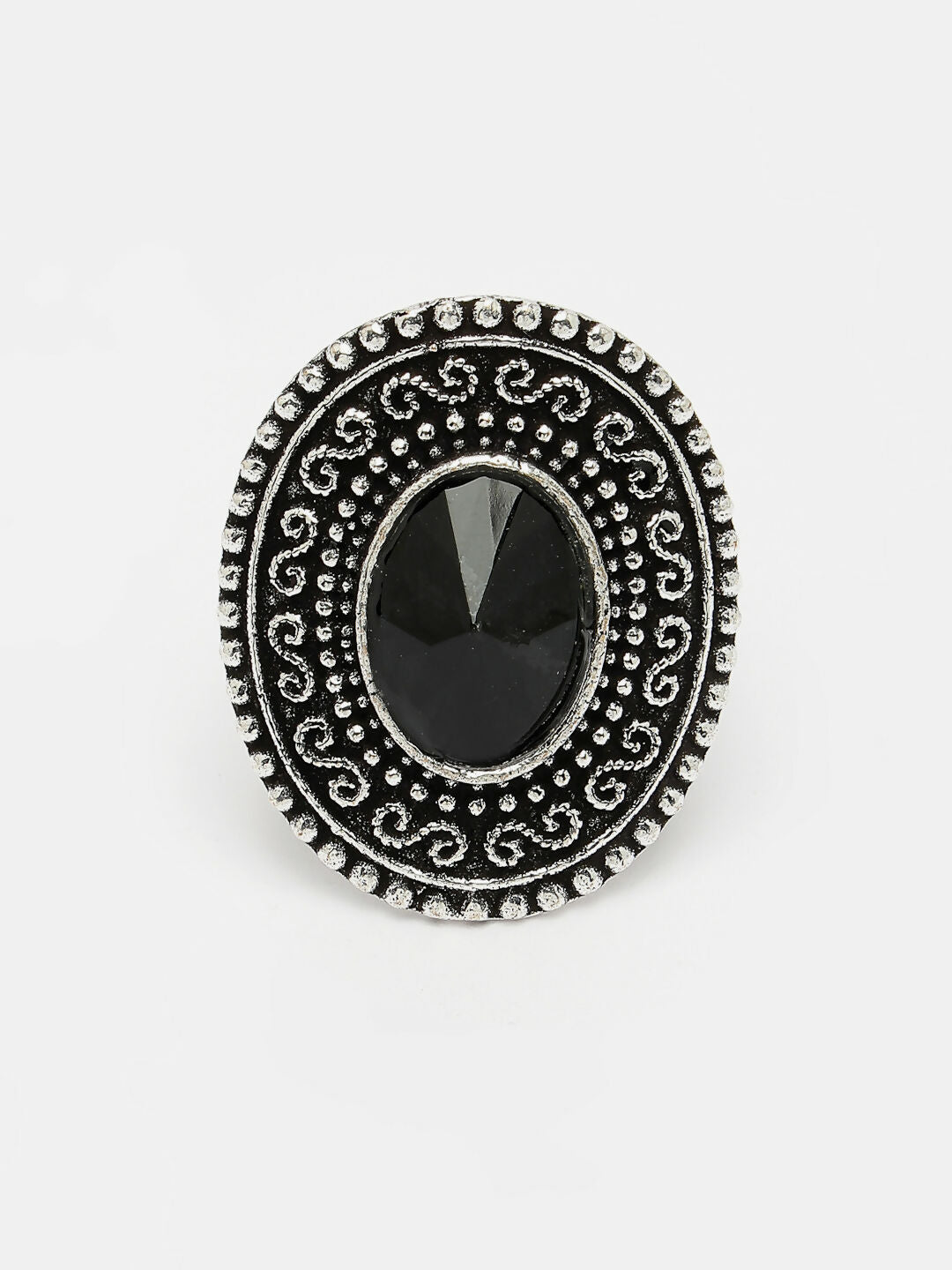 NVR Women's Black Silver-Toned German Silver Adjustable Finger Ring | Grocsy