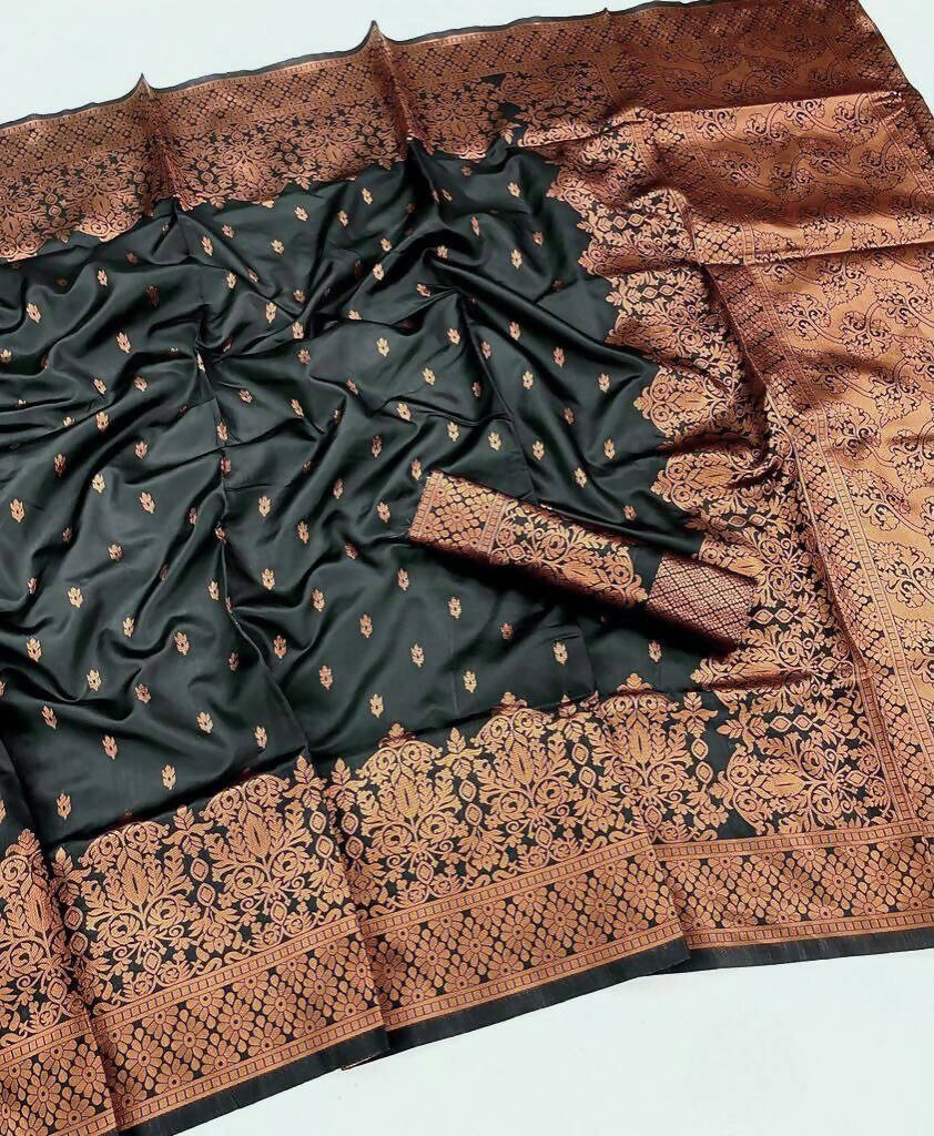 DEIANA'S Beautiful Designer Golden zari Soft Lichi Silk Saree - Black | Grocsy