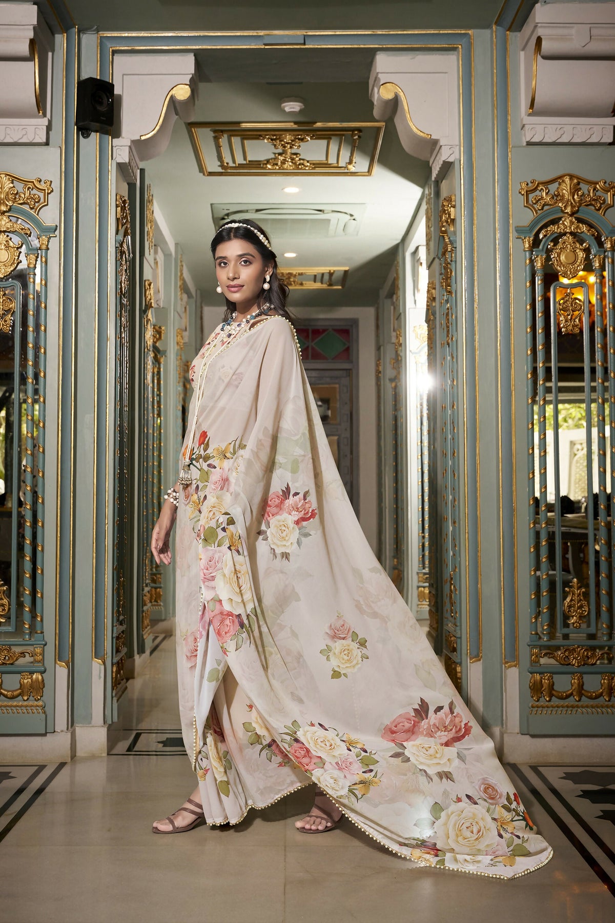 Vastranavya Off White Spectacular Georgette Printed with Pearl Lace Saree with Unstitched Blouse | Grocsy