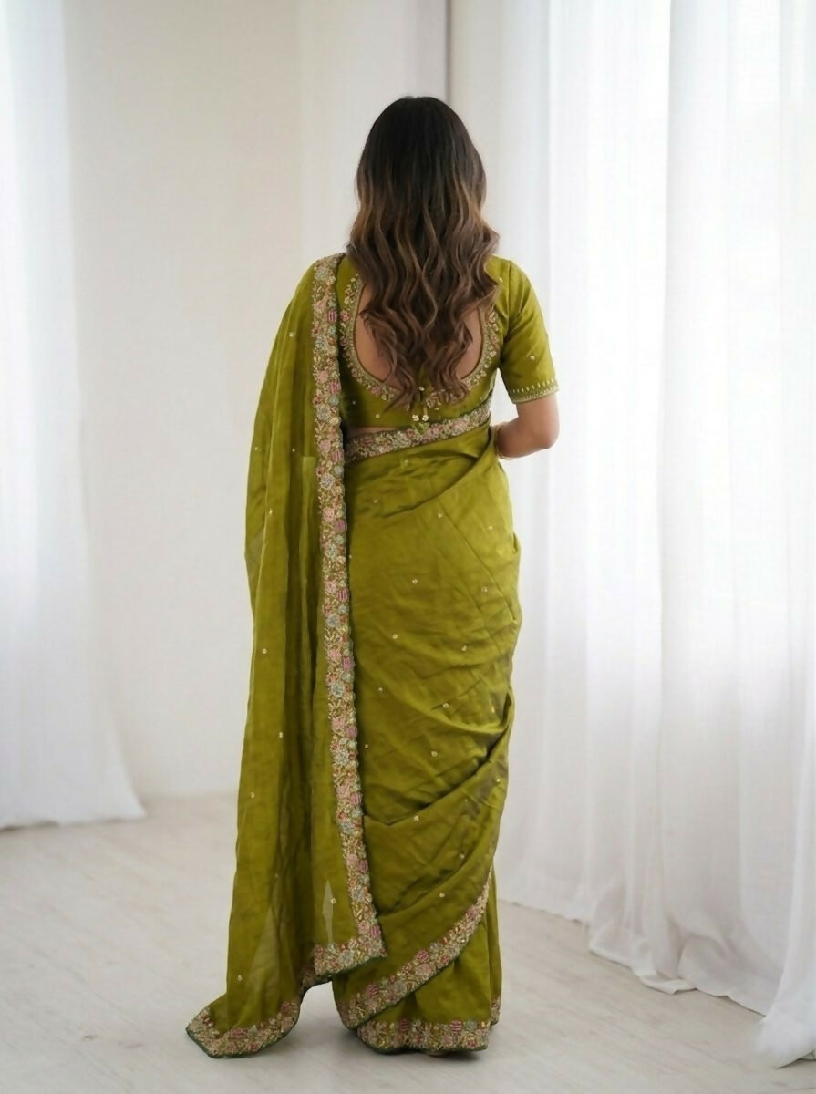 Teeya Creation New Trendy Party Wear Soft Satin Chiffon Saree-Dark_Green | Grocsy