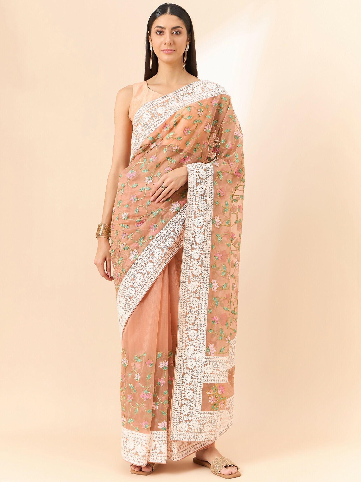 Peach Organza Floral Embroidered Saree with Unstitched Blouse Piece - Roozal | Grocsy