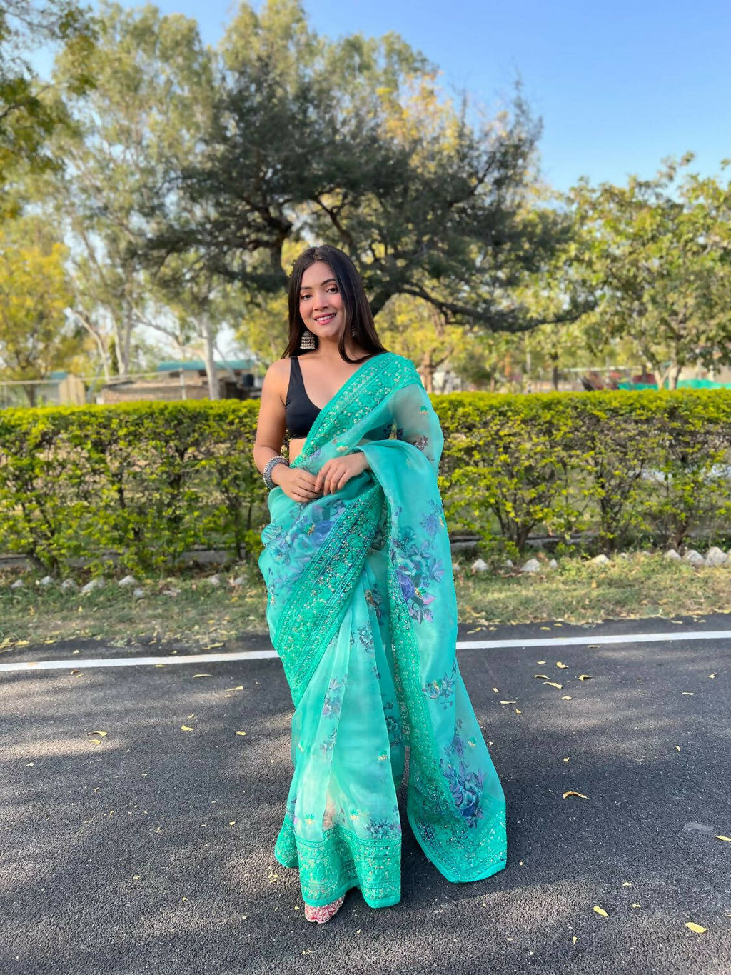 Vamsee Sea Green Organza Saree | Grocsy