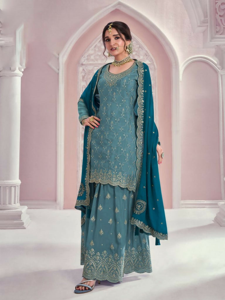 Vastranavya Exquisite Teal Heavy Chinon with Embroidered & Sequins Work Salwar Suits | Grocsy