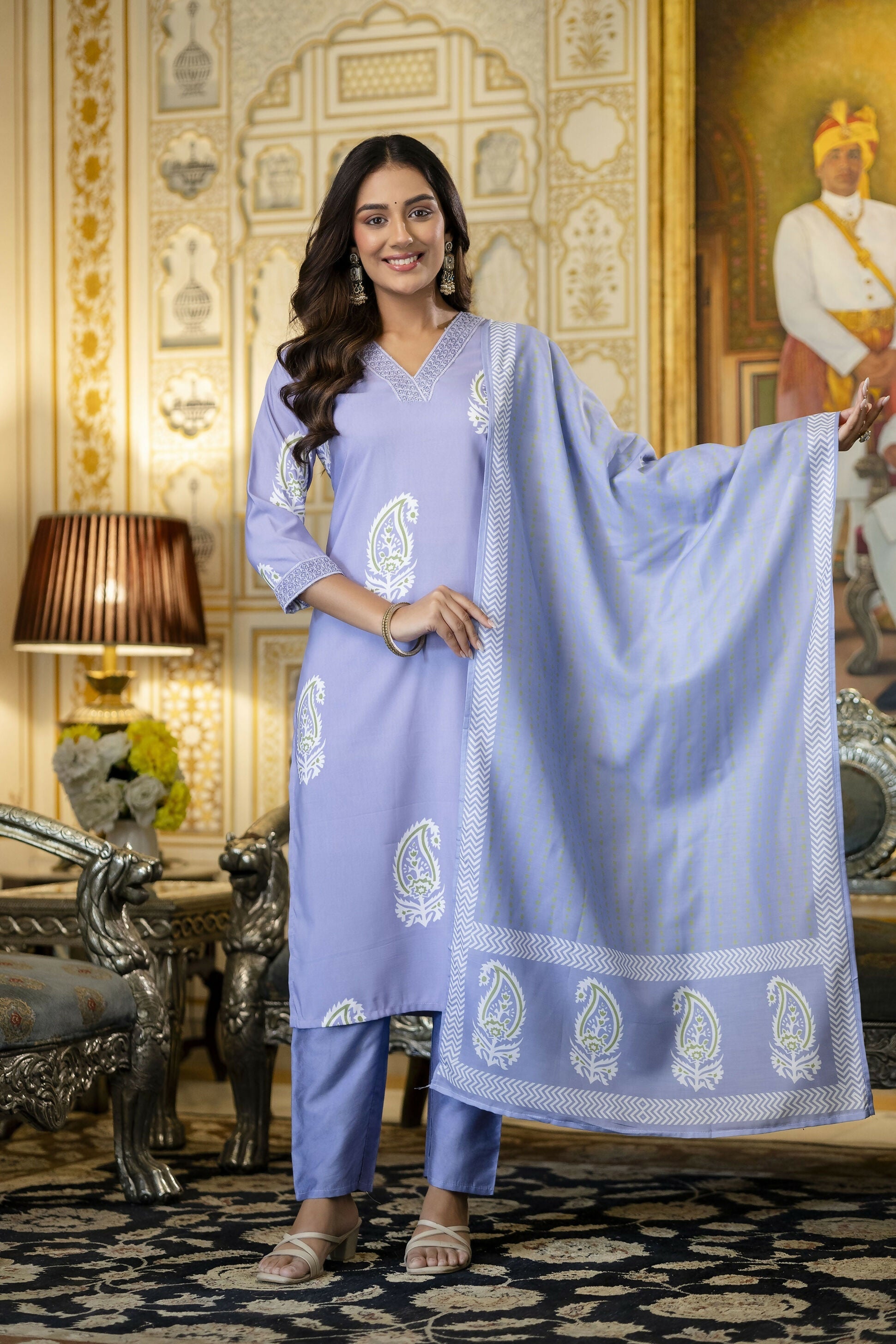 The52 Women's Beautiful Rayon Fabric Printed Work Straight Kurta Pant and Dupatta Set | Grocsy
