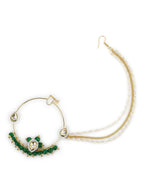 Gold-Polished White Green Kundan-Studded Pearl Beaded Nosepin - Ruby Raang | Grocsy