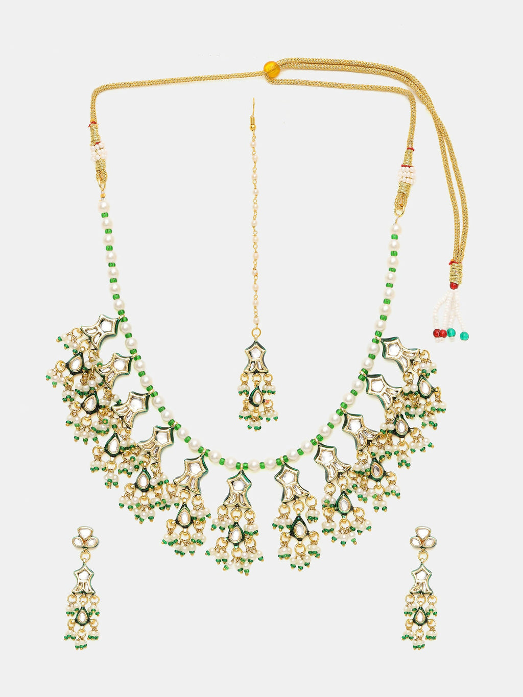 Ruby Raang Gold Polished Kundan Work Green Kundan Collar Necklace With Earrings & Maang Tikka | Grocsy