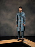 Deep Blue Hand Embroidered Indowestern Sherwani by Hilo Design | Grocsy