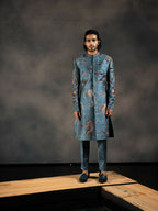 Deep Blue Hand Embroidered Indowestern Sherwani by Hilo Design | Grocsy