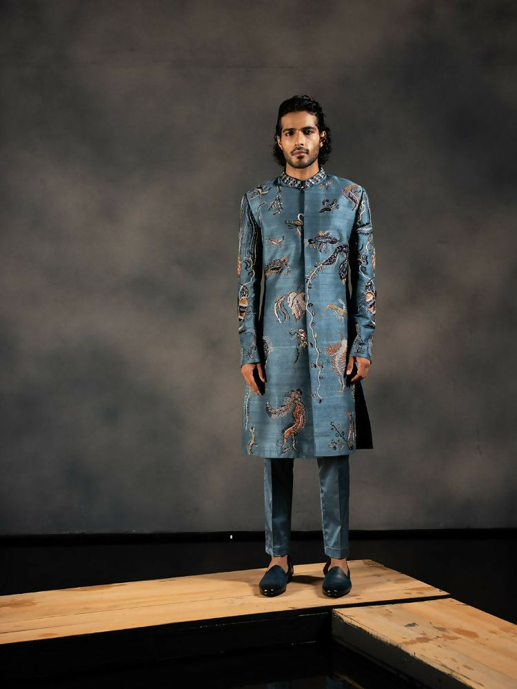 Deep Blue Hand Embroidered Indowestern Sherwani by Hilo Design | Grocsy