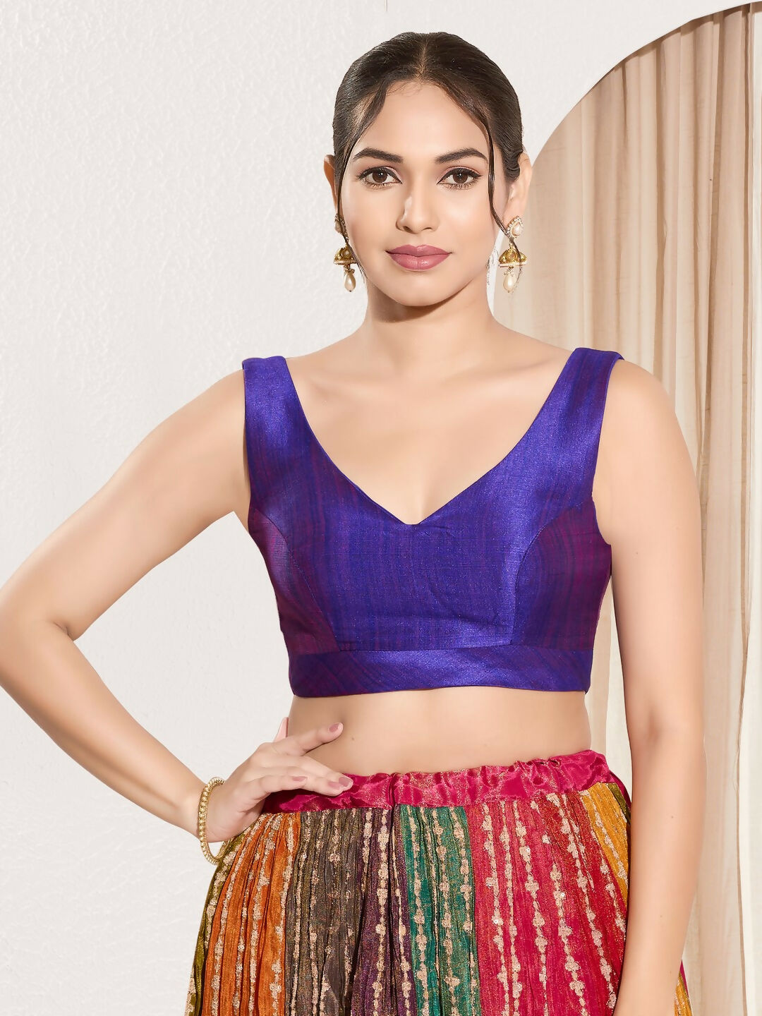 Joban Fashion Brinjal Mulberry Silk Padded Blouse With Round Neck Sleeveless | Grocsy