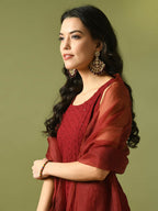 Myshka Women's Maroon Embroidered Cotton Straight Party Kurta Set With Dupatta | Grocsy