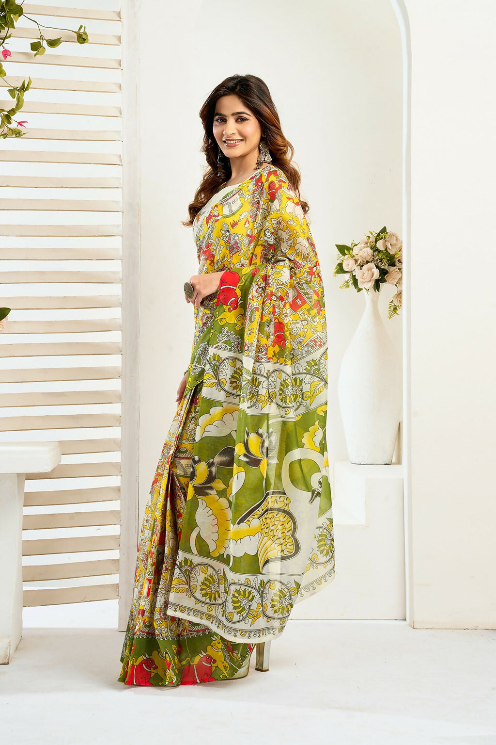 Vastranavya Yellow Digital Printed Linen Ready To Wear Designer Saree with Unstitched Blouse | Grocsy