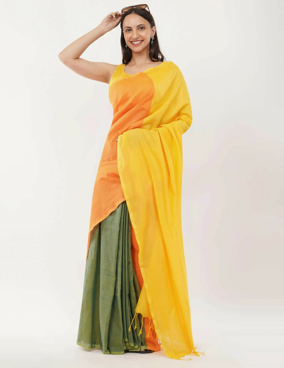 Exclusive Collection Beautiful Khadi Cotton Yellow Orange Green Handloom Saree | Grocsy