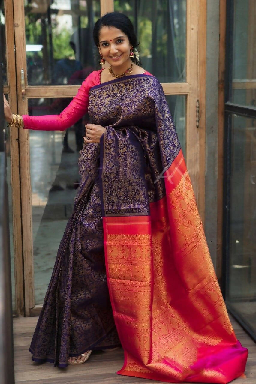 DEIANA'S Beautiful Designer Golden zari Soft Lichi Silk Saree - Purple | Grocsy