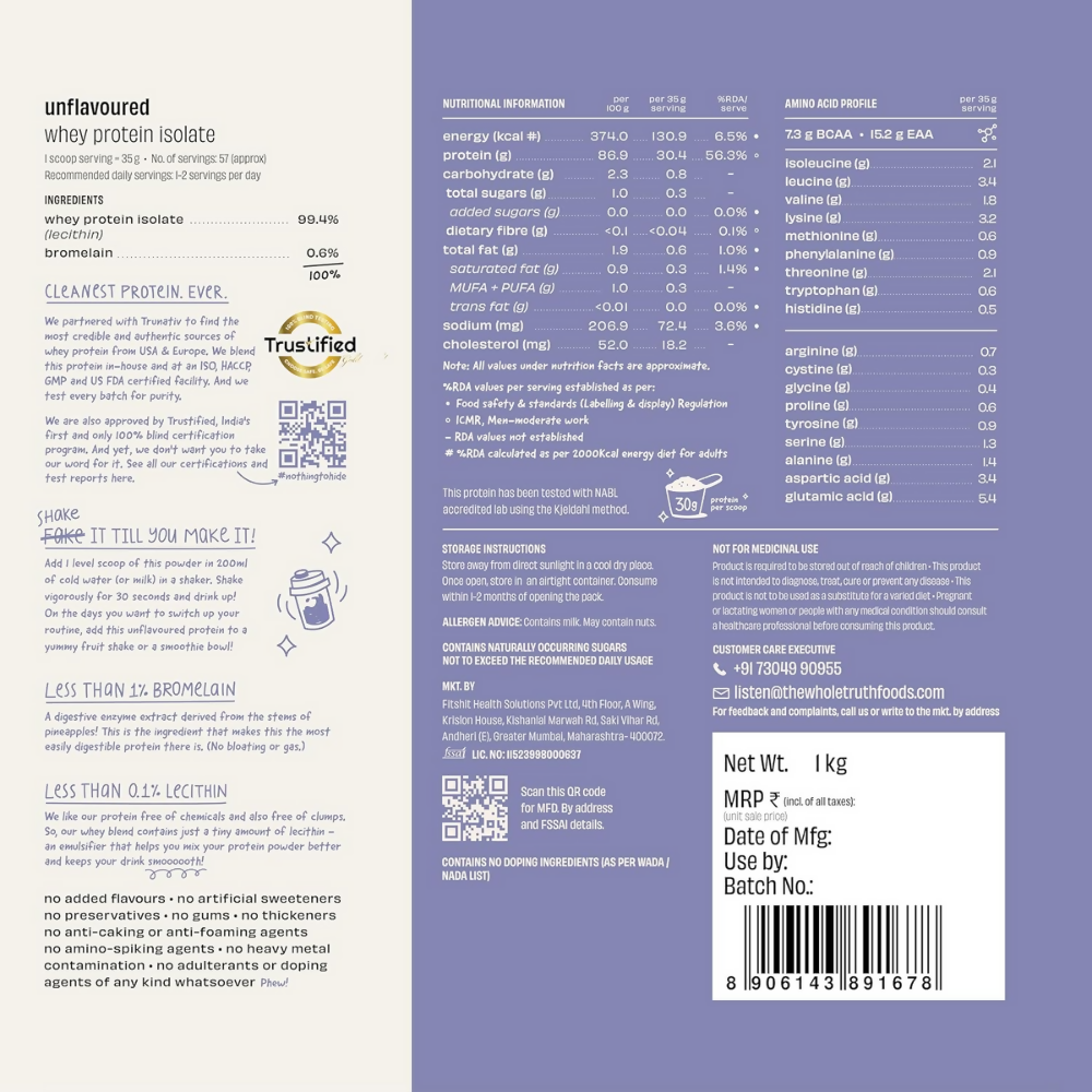 The Whole Truth Whey Protein Isolate Unflavoured | Grocsy