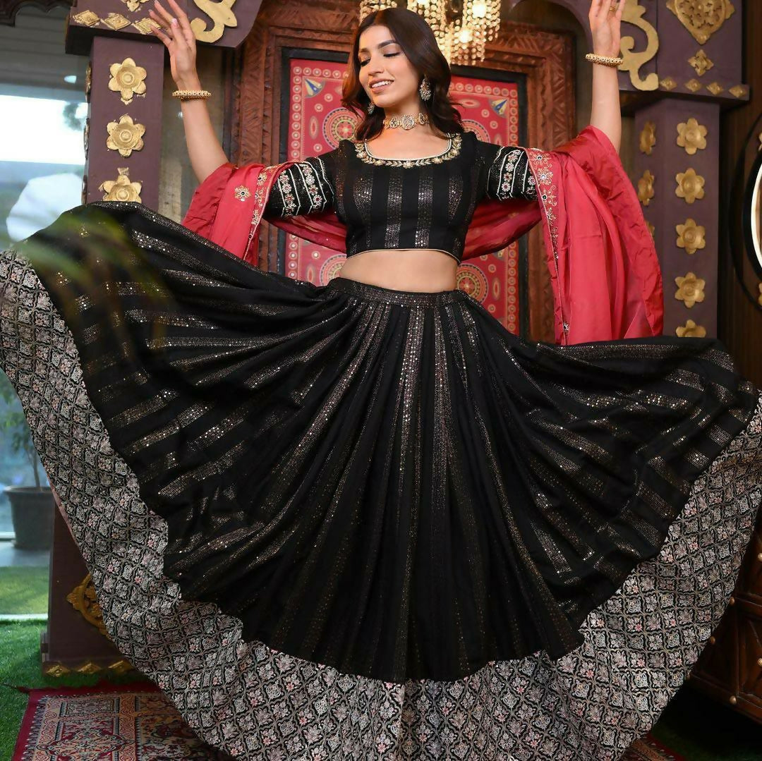 Jyoti Fashion Women's Black Faux Georgette 5MM Sequins with Zari Embroidered Designer Lehenga Choli Set | Grocsy