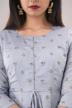 Partywear Designer Hand Screen and Foil Print Lightsteelgrey Pure chanderi Gown - Anbazaar | Grocsy
