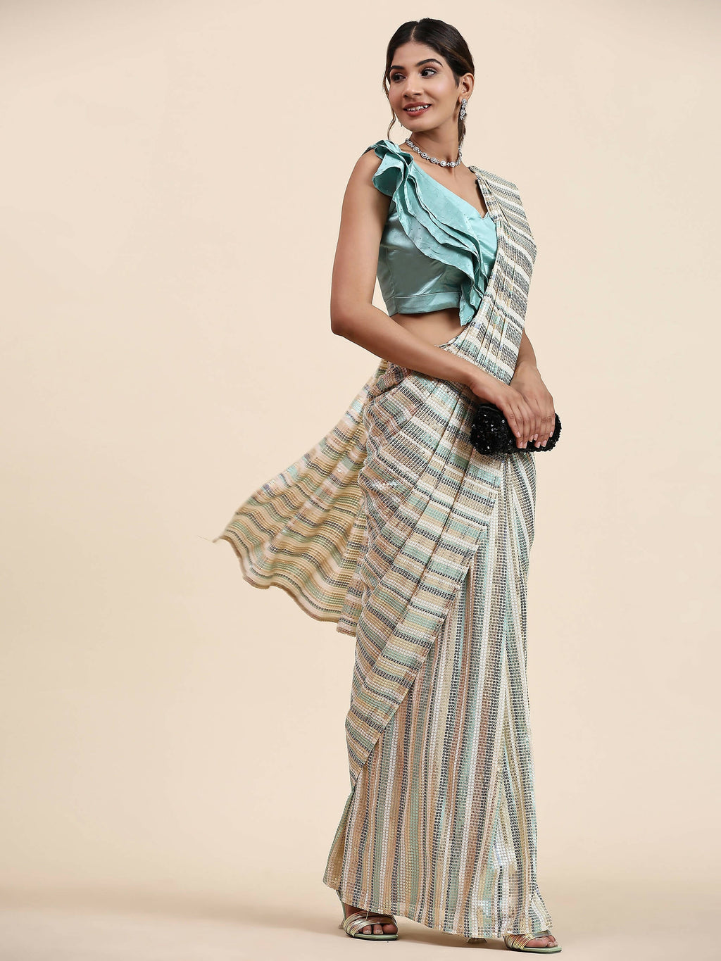 Sky Blue Pure Georgette Sequence work Ready to wear Saree with stitched Blouse - Satiksha | Grocsy