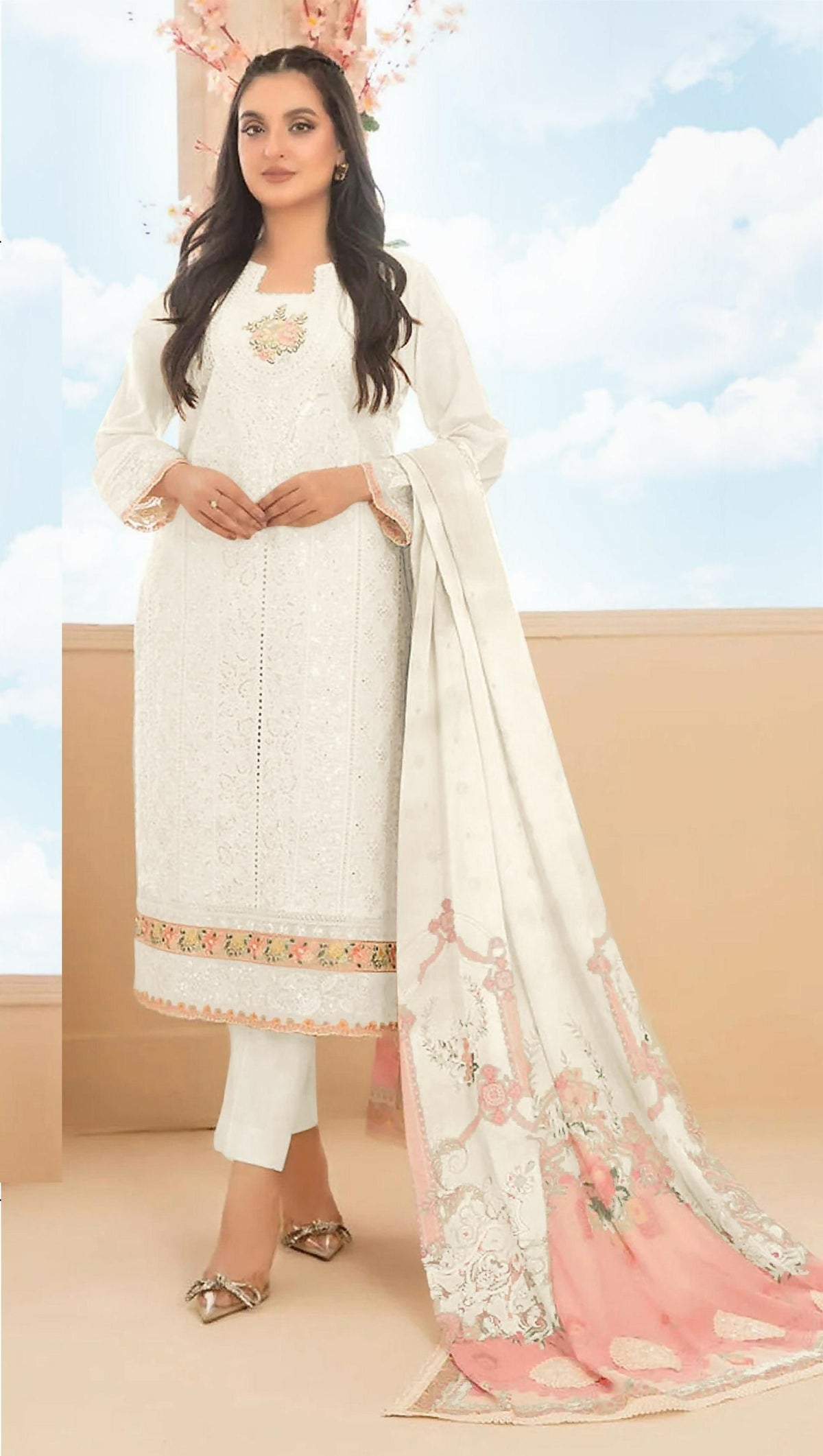Anaita White Cambric Cotton Stitched Suit with Embroidery & Sequence Work | Grocsy